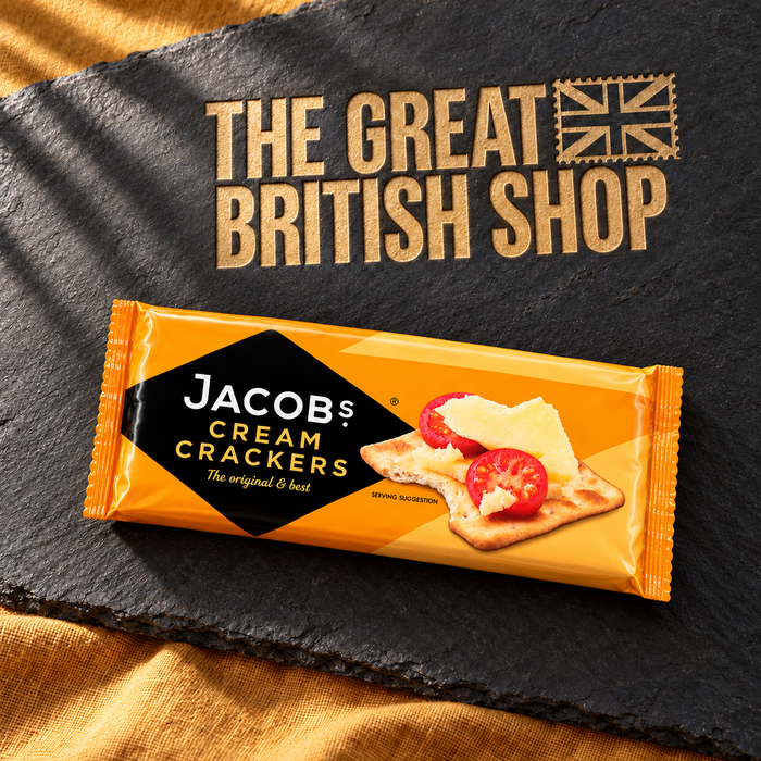 Jacob’s Cream Crackers 200g sealed packet on charcoal slate and ochre linen, with The Great British Shop name engraved into the main slate surface.