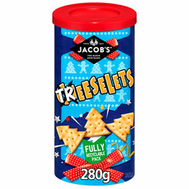 Jacob's Treeselets 280g: tube with red lid showing tree-shaped crackers and a red bow.