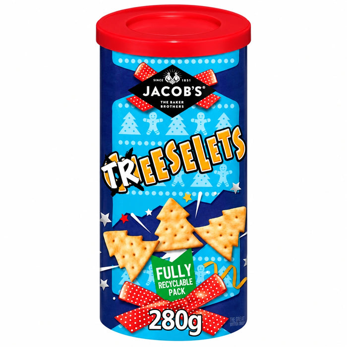 Jacob's Treeselets 280g: tube with red lid showing tree-shaped crackers and a red bow.