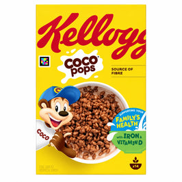 Kellogg’s Coco Pops 420g cereal box, shown straight on with the Coco monkey, chocolate cereal bowl and original coloured accessibility code.