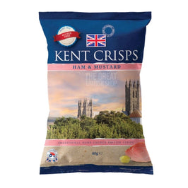 Kent Crisps Ham & Mustard 40g, front of the bag showing a cathedral and countryside scene.