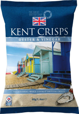 Kent Crisps Oyster & Vinegar 150g: front of the pack with beach huts and an oyster shell.