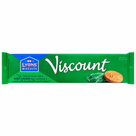 Lyons’ Viscount Mint Cream biscuits 98g, in a green seven-biscuit wrapper with the blue Lyons crest and a mint cream biscuit pictured.