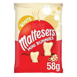 Maltesers White Mini Bunnies 58g: front of the pack showing white chocolate bunnies.