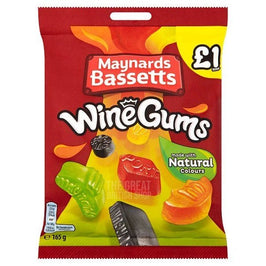 Maynards Bassetts Wine Gums 165g: front of the bag showing assorted gum shapes