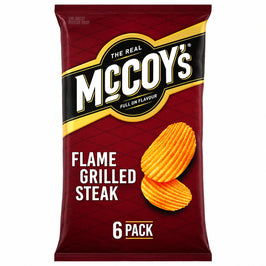 McCoy's Flame Grilled Steak six-pack, burgundy outer bag with ridged-crisp illustrations.