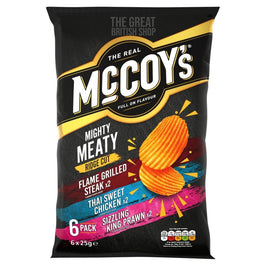 McCoy's Mighty Meaty Ridge Cut 6 Pack 6 x 25g, front of the multipack showing three crisp flavours.