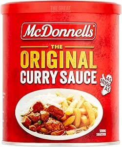 McDonnells Curry Sauce 250g: front of the red tin showing curry with chips and rice