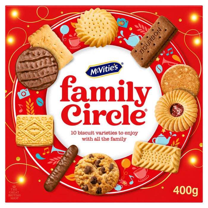 McVitie's Family Circle 400g: front of the red box showing assorted biscuits round the logo.