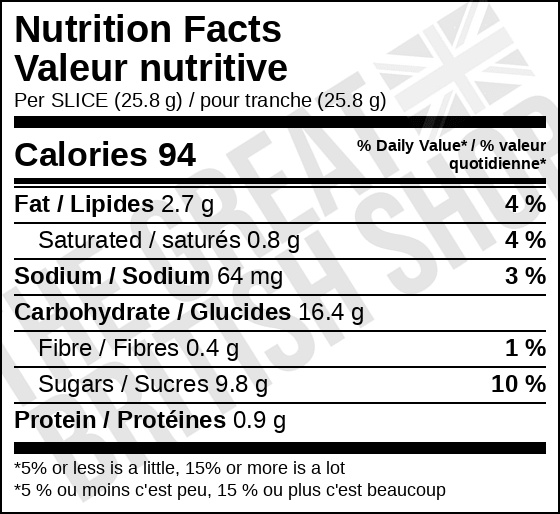 McVitie's Jamaica Ginger Cake - 232g nutrition facts label / valeur nutritive