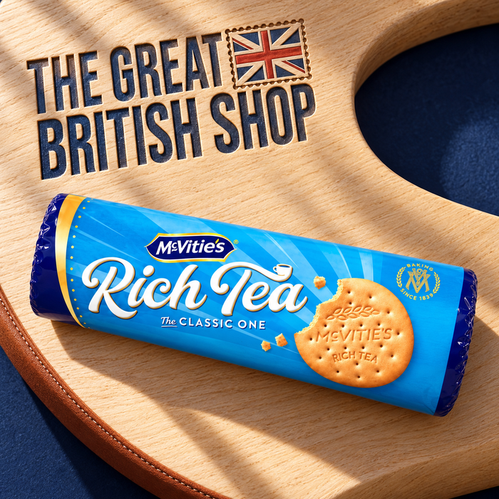 McVitie’s Rich Tea Biscuits 300g roll on sculptural ashwood with navy inlaid Great British Shop branding and copper-brown leather binding.