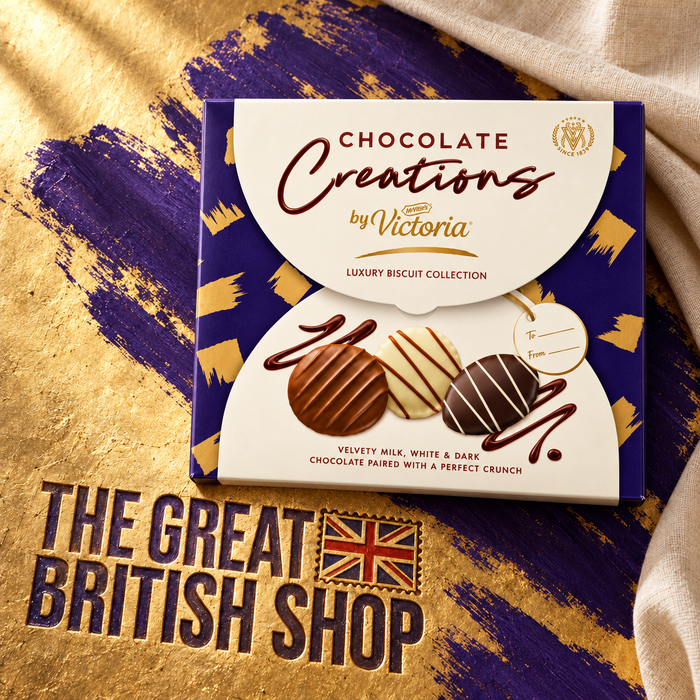 McVitie’s Victoria Chocolate Creations carton on a violet and gilt textured surface with The Great British Shop branding engraved into the gold.