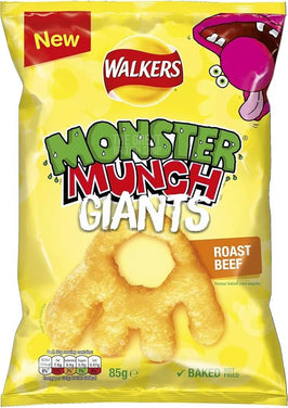 Walkers Monster Munch Giants Roast Beef 85g: front of the yellow pack showing the snack shape.