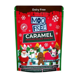 Moo Free Caramel Festive Filled Shapes 65g: front of the red pouch with festive characters.