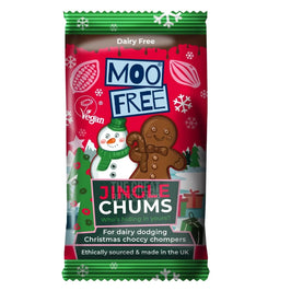 Moo Free Gluten & Dairy Free Jingle Chums Bar 15g: front of the pack showing the snowman and gingerbread man design.