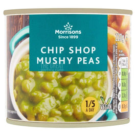 Morrisons Chip Shop Mushy Peas 220g: front of the tin showing a bowl of mushy peas on the label.