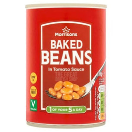 Morrisons Baked Beans 410g: front of the tin showing beans in tomato sauce on a fork.