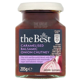 Morrisons The Best Caramelised Balsamic Onion Chutney 205g, jar with white lid and front label.