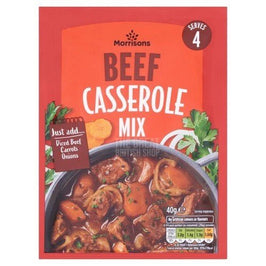 Morrisons Beef Casserole Mix 40g, front of the packet showing a bowl of casserole.