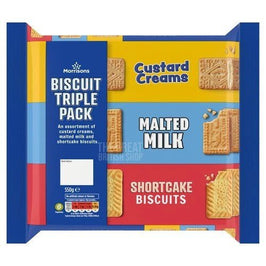 Morrisons Biscuit Assortment 550g, front of pack showing custard creams, malted milk and shortcake biscuits.