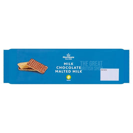 Morrisons Milk Chocolate Malted Milk 250g, front of the blue pack showing two biscuits.