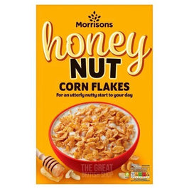 Morrisons Honey Nut Corn Flakes 500g: front of the box showing a bowl of flakes with milk.