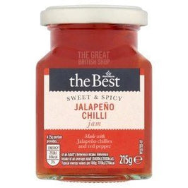 The Best Jalapeno Chilli Jam 215g, front of the glass jar with red label and lid.