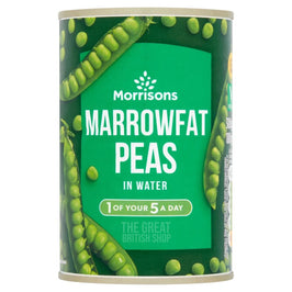 Morrisons Marrowfat Peas in Water, 300g: front of the tin showing pea pods design.