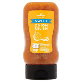 Morrisons Sweet Onion Relish 300g: the squeezy bottle, upside down with black flip top cap.