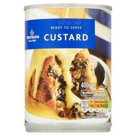 Morrisons Ready to Serve Custard 400g: tin showing sponge pudding with custard poured over it.
