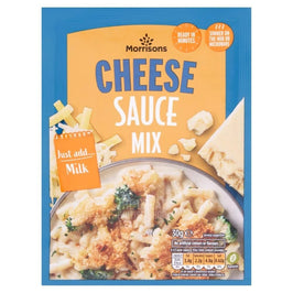 Morrisons Cheese Sauce Mix 30g, front of the sachet with pasta serving suggestion bowl.
