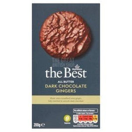 Morrisons The Best Dark Chocolate Gingers 200g, front of the box showing a biscuit.
