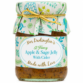 Mrs Darlington's Apple & Sage Jelly with Cider 212g, glass jar with a green festive paper cover and gold tie.