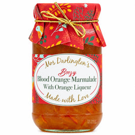 Mrs Darlington's Boozy Blood Orange Marmalade 340g, glass jar with a red festive paper cover and gold tie.