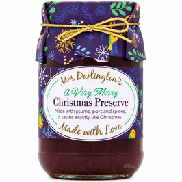 Mrs Darlington's Christmas Preserve 340g, glass jar with a purple festive paper cover and gold tie.