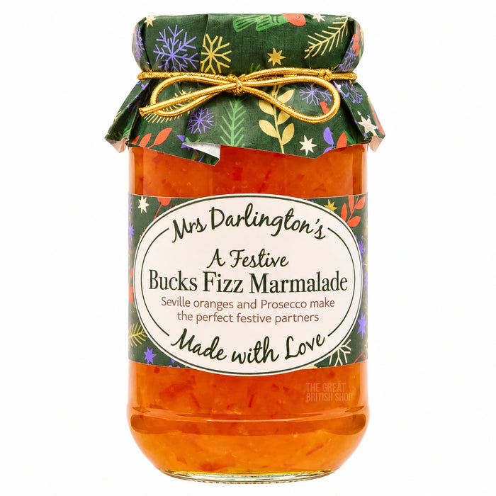 Mrs Darlington's Festive Bucks Fizz Marmalade 340g, front view of the original product packaging.