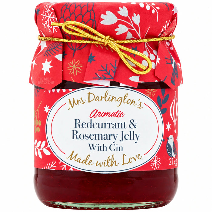 Mrs Darlington's Redcurrant & Rosemary Jelly With Gin 212g, front view of the original product packaging.