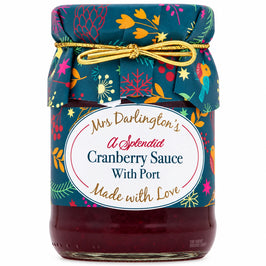 Mrs Darlington's Cranberry Sauce with Port 200g, glass jar with a teal festive paper cover and gold tie.