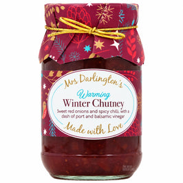 Mrs Darlington's Warming Winter Chutney 312g, glass jar with a burgundy festive paper cover and gold tie.