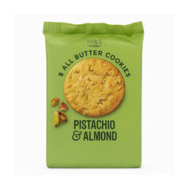 M&S All Butter Pistachio Almond Biscuits 200g, front of the green pack showing a cookie and pistachios.