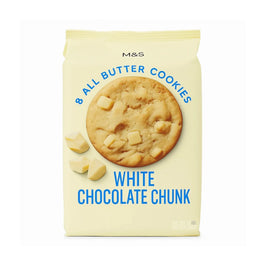 M&S All Butter White Chocolate Chunk Biscuits 200g: front of the pack showing a cookie with white chocolate pieces.