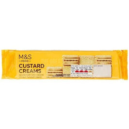 M&S Custard Creams 165g: front of yellow pack showing biscuits and nutrition panel.