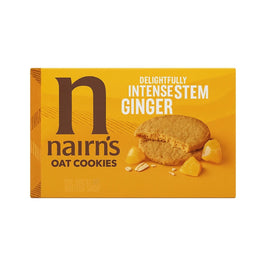 Nairn's Stem Ginger Oat Cookies 200g: front of the yellow box showing a cookie and ginger pieces.