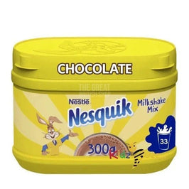 Nesquik Chocolate Flavoured Milkshake Mix 300g, yellow tub with screw lid shown from the front.