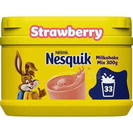 Nesquik Strawberry Flavoured Milkshake Mix 300g: the yellow tub showing the front label.