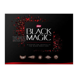 Nestle Black Magic 348g: front of the black box showing five chocolates pictured below the logo.