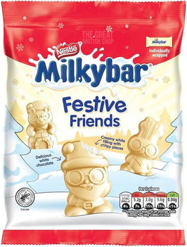 Milkybar Festive Friends 57g: front of the bag showing white chocolate character shapes.
