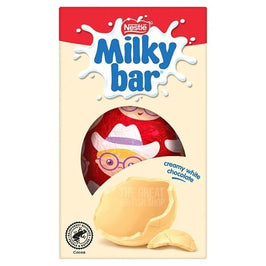 Nestle Milkybar White Chocolate Egg 72g: front of box showing wrapped egg through window and broken egg piece.