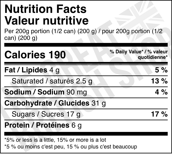 Ambrosia Creamy Rice Pudding - 400g nutrition facts label / valeur nutritive