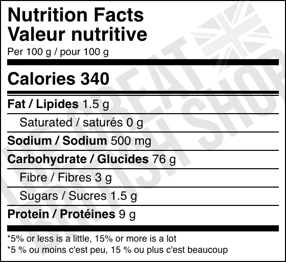 Goldenfry Chip Shop Batter Mix - 170g nutrition facts label / valeur nutritive